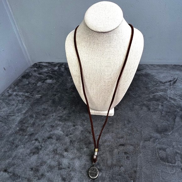 Drink Coca Cola Leather Necklace Bottlecap Pendant Brown Silver Metal Long - Picture 3 of 7